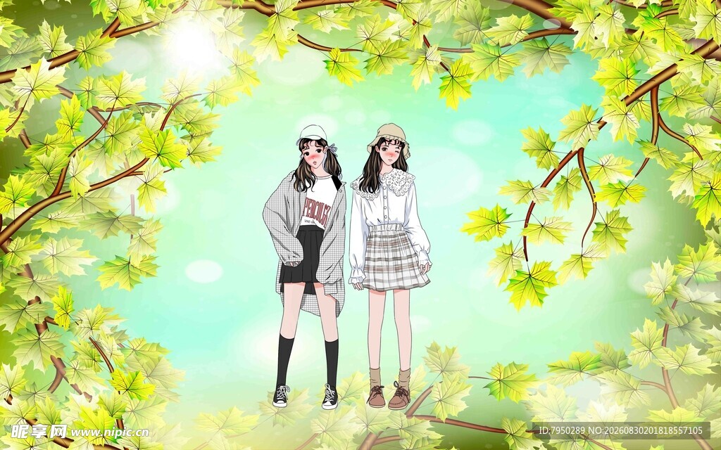 春日双生少女漫步美景