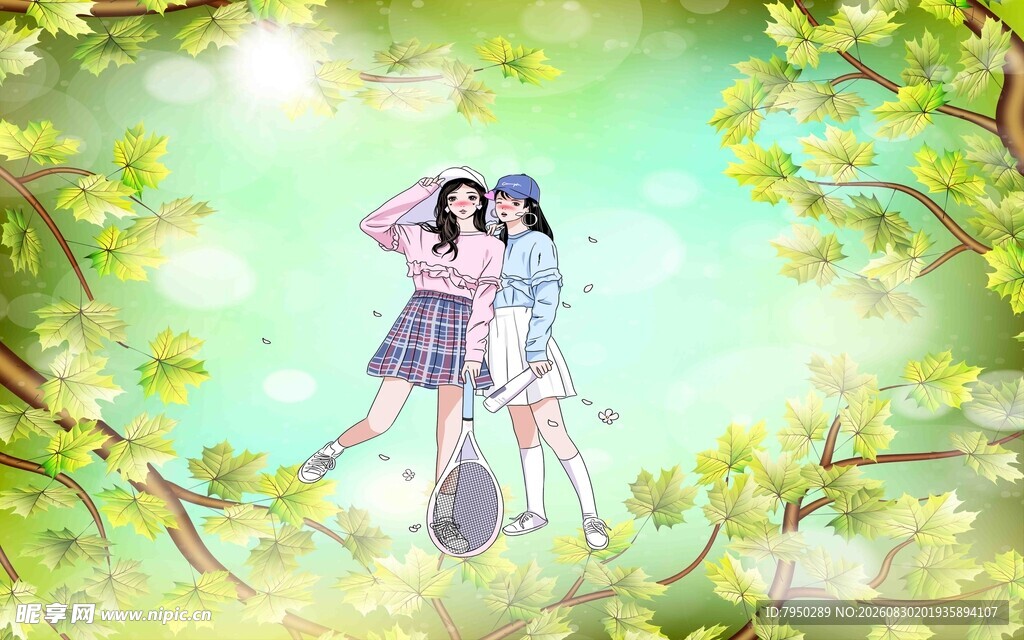 青春姐妹漫步绿意林间