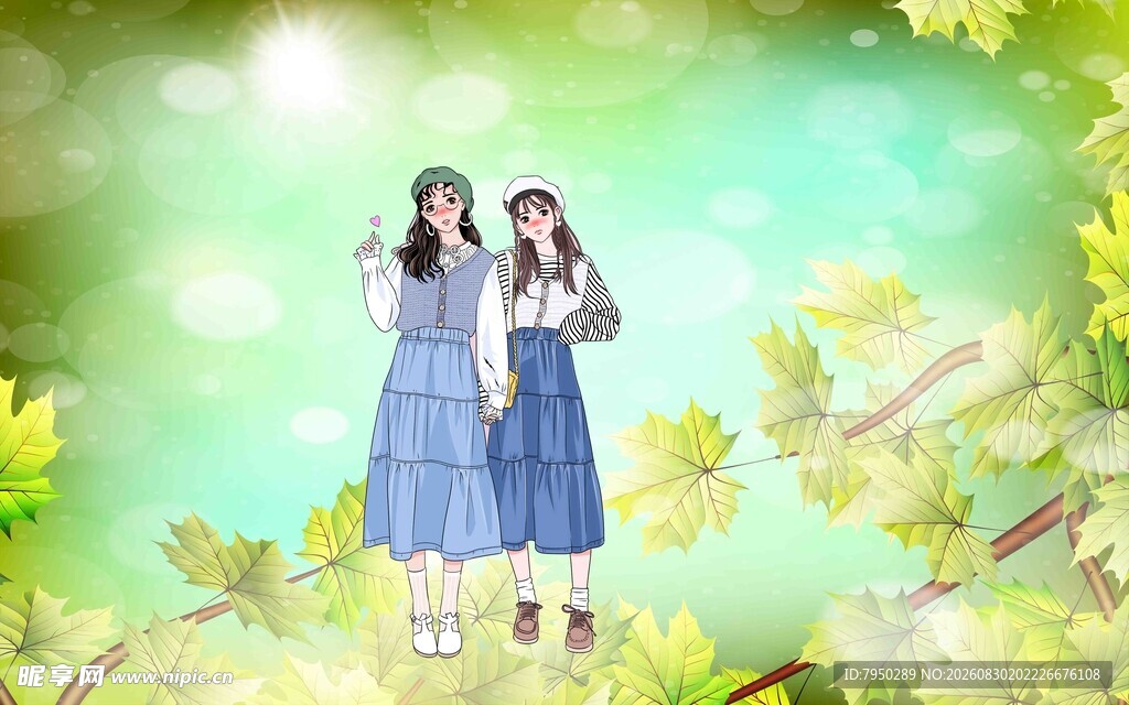 校园双生少女漫步春日景