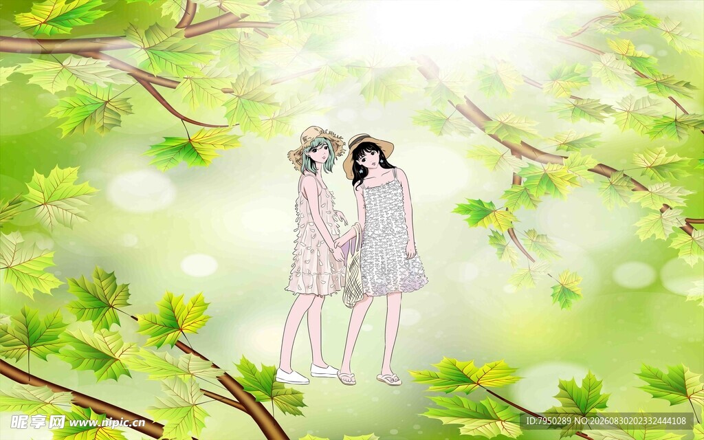 春日林间的美女人物