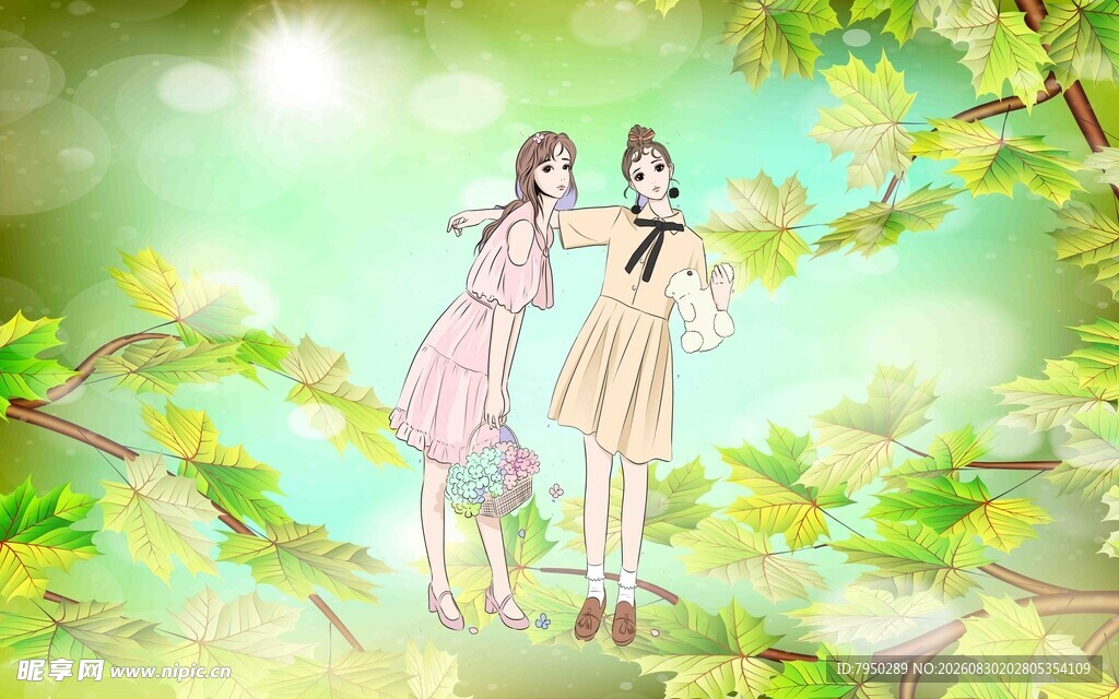 林间双女孩清新美好瞬间