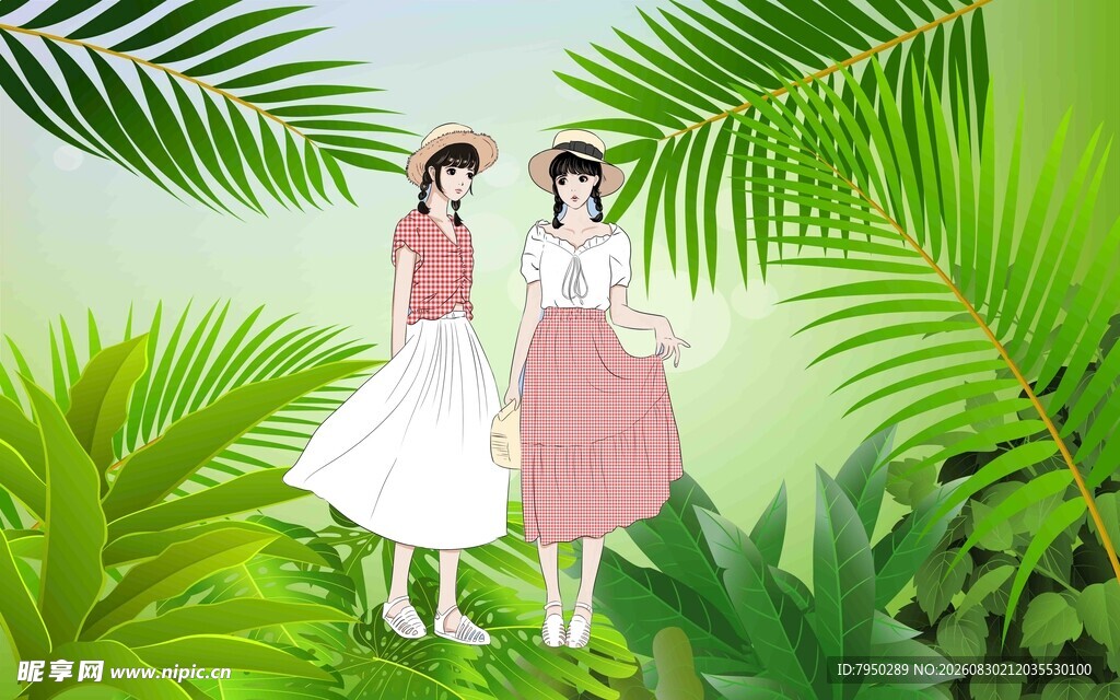 两位女孩置身绿意之中