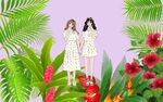 两位少女置身缤纷植物中