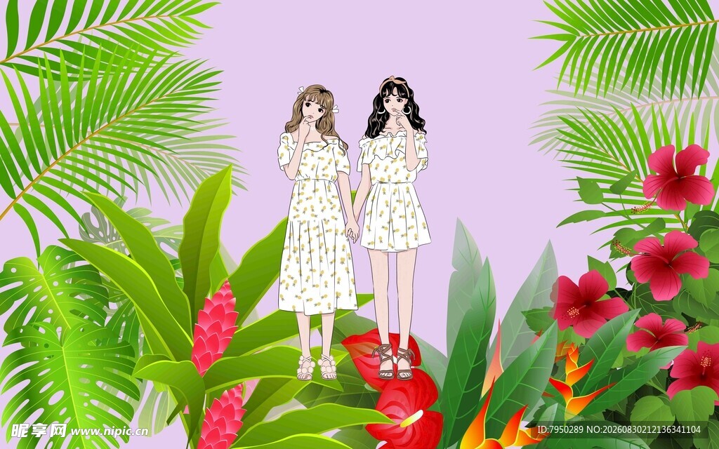两位少女置身缤纷植物中