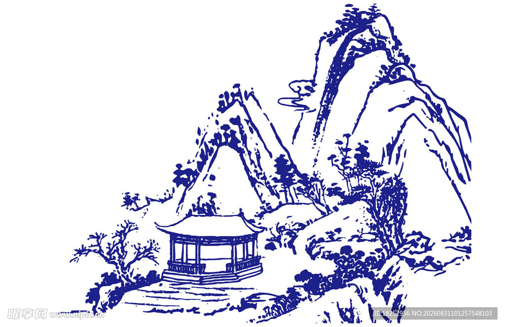 中式山水亭阁蓝线图