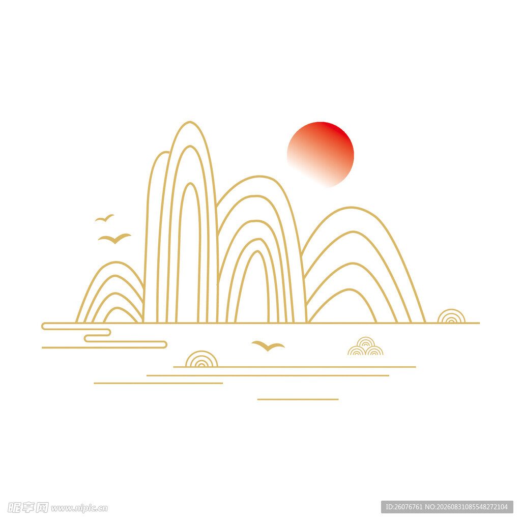 中式山水日出简约线条画