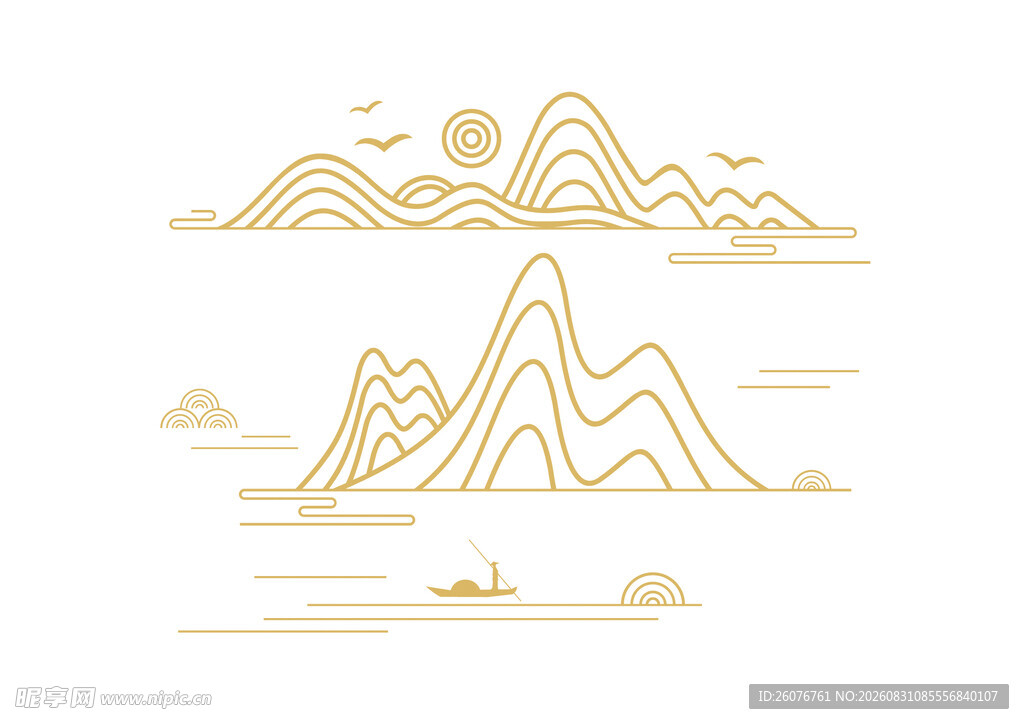 金色山水线条插画