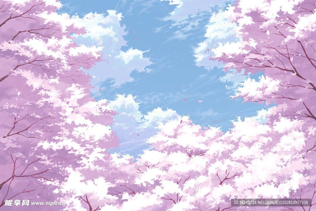 梦幻樱花树与蓝天美景
