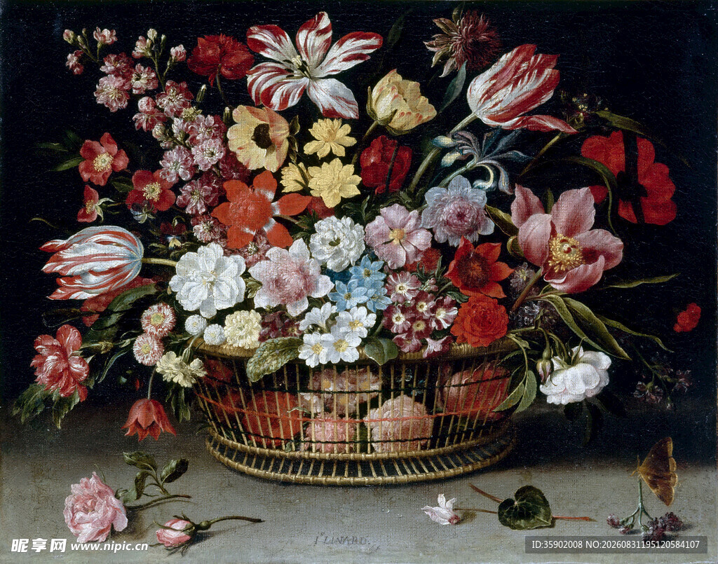 古典花篮花卉油画作品