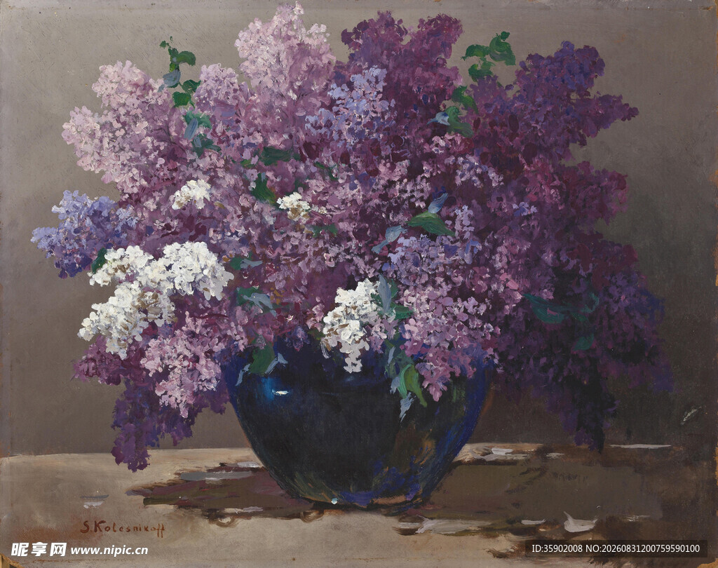 紫白丁香花瓶静物油画