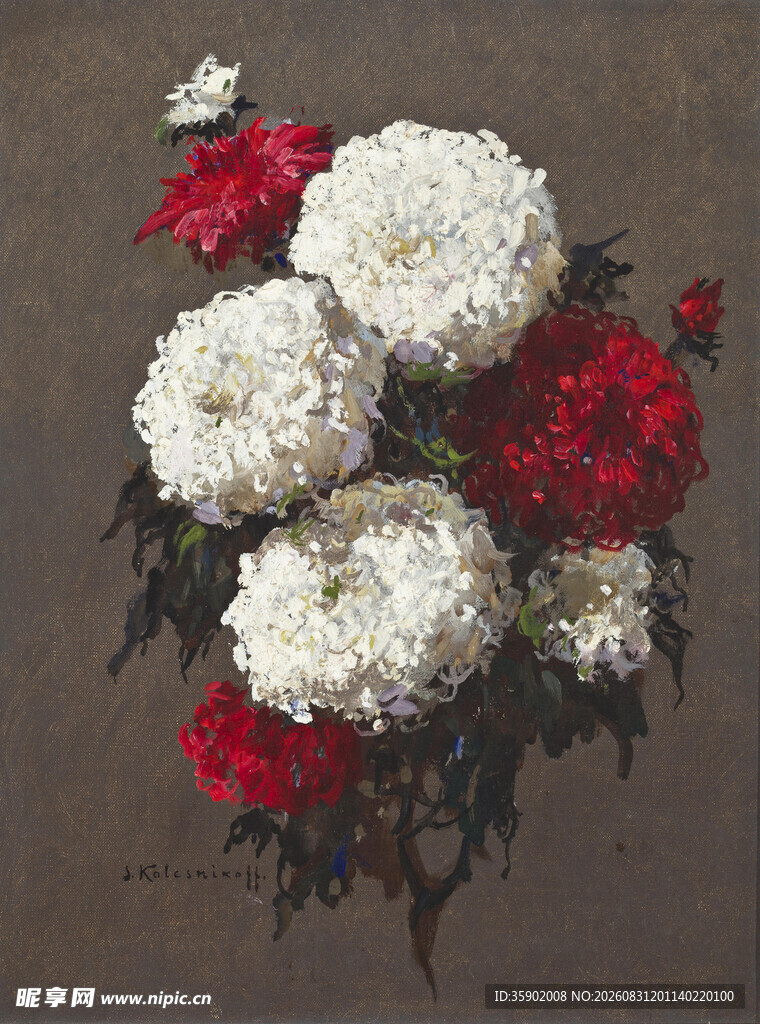 红白花卉静物画