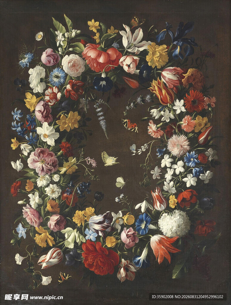 古典花卉花环油画作品
