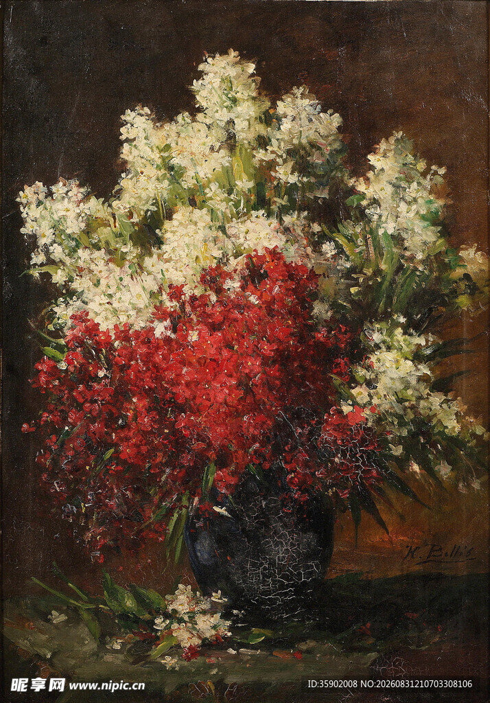 花瓶中的红白花卉油画