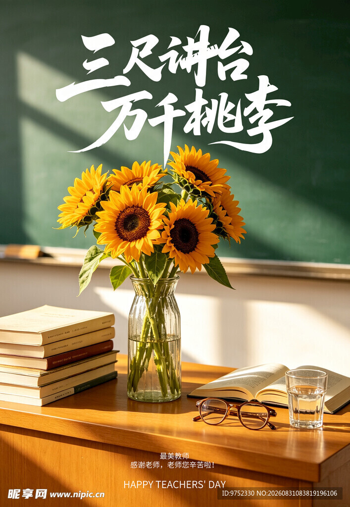 教师节海报讲台上的向日葵与书籍