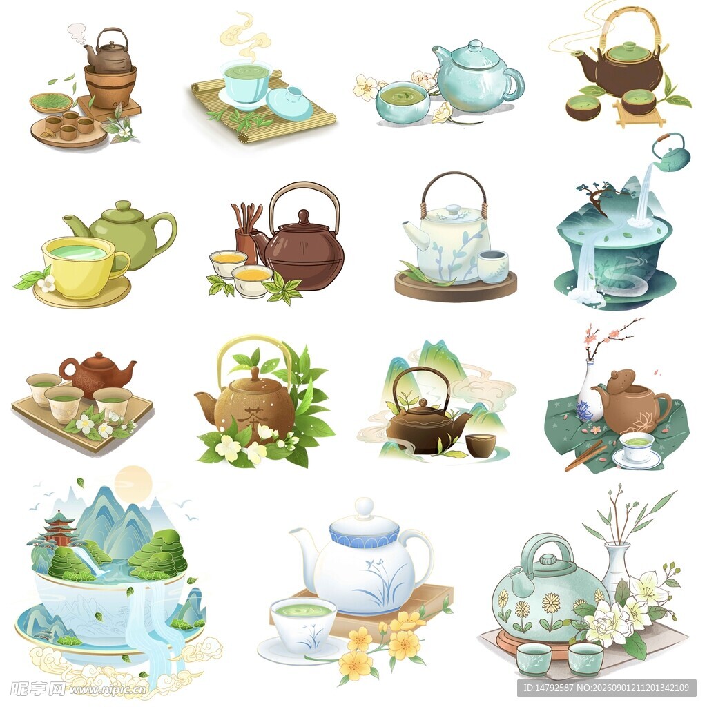 手绘精美茶具插画