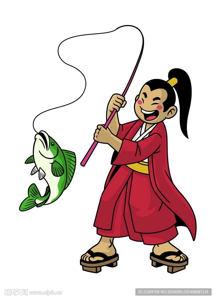 红衣少女持竿钓绿叶