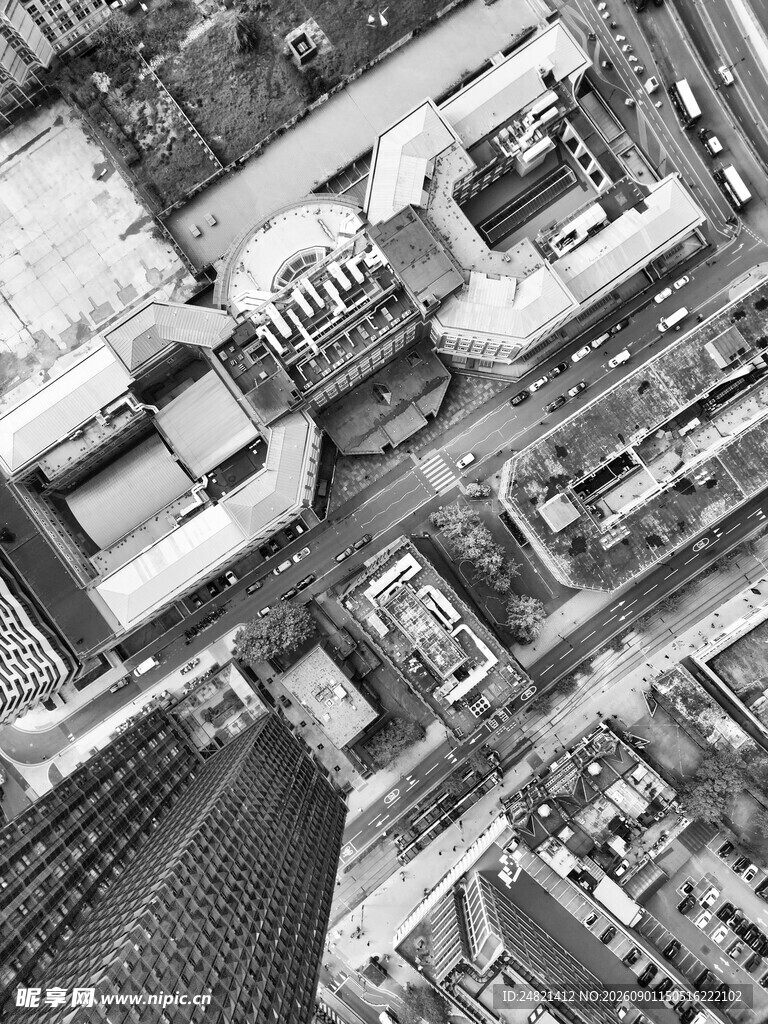 城市建筑鸟瞰黑白景观