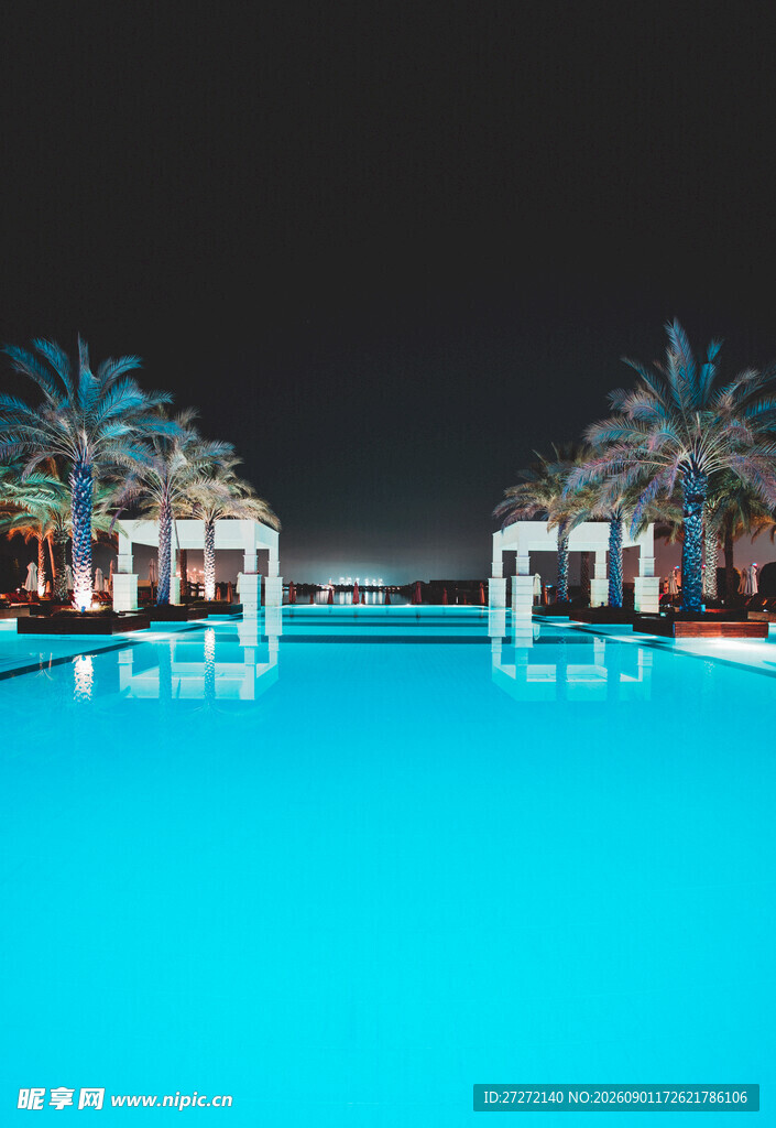 夜晚泳池边的棕榈树美景