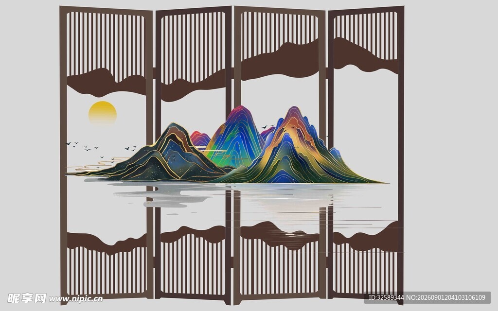 中式山水屏风装饰画