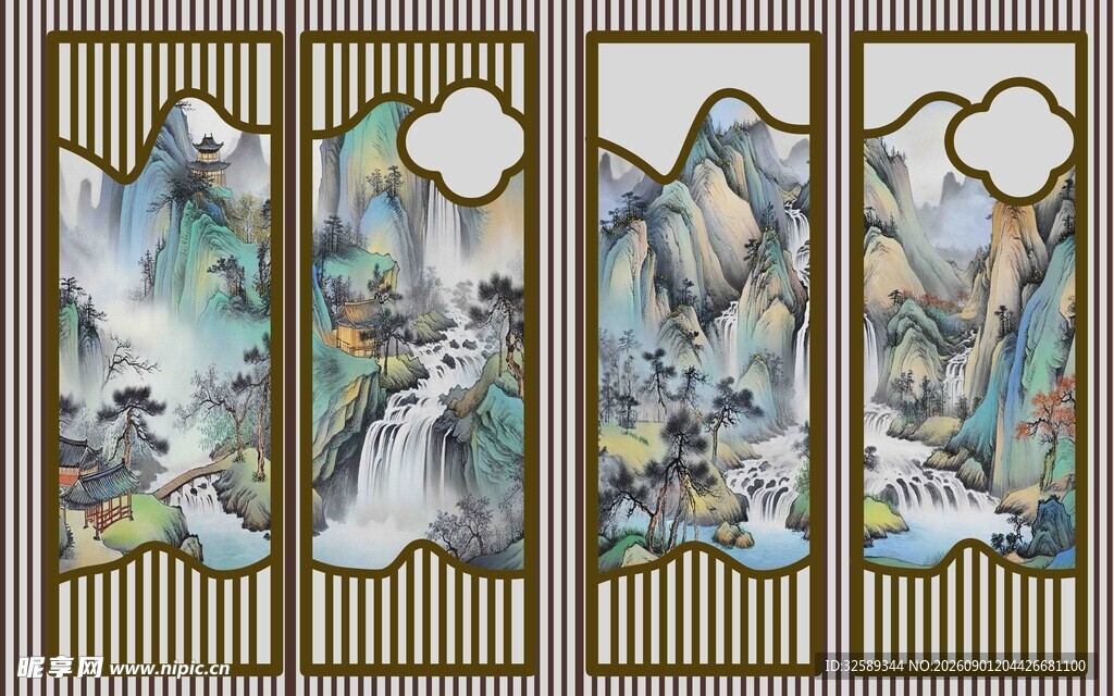 中式山水屏风装饰画