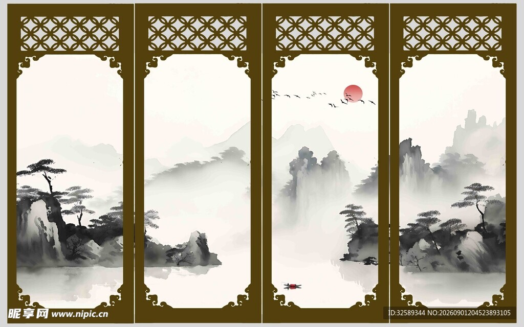 中式山水屏风装饰画