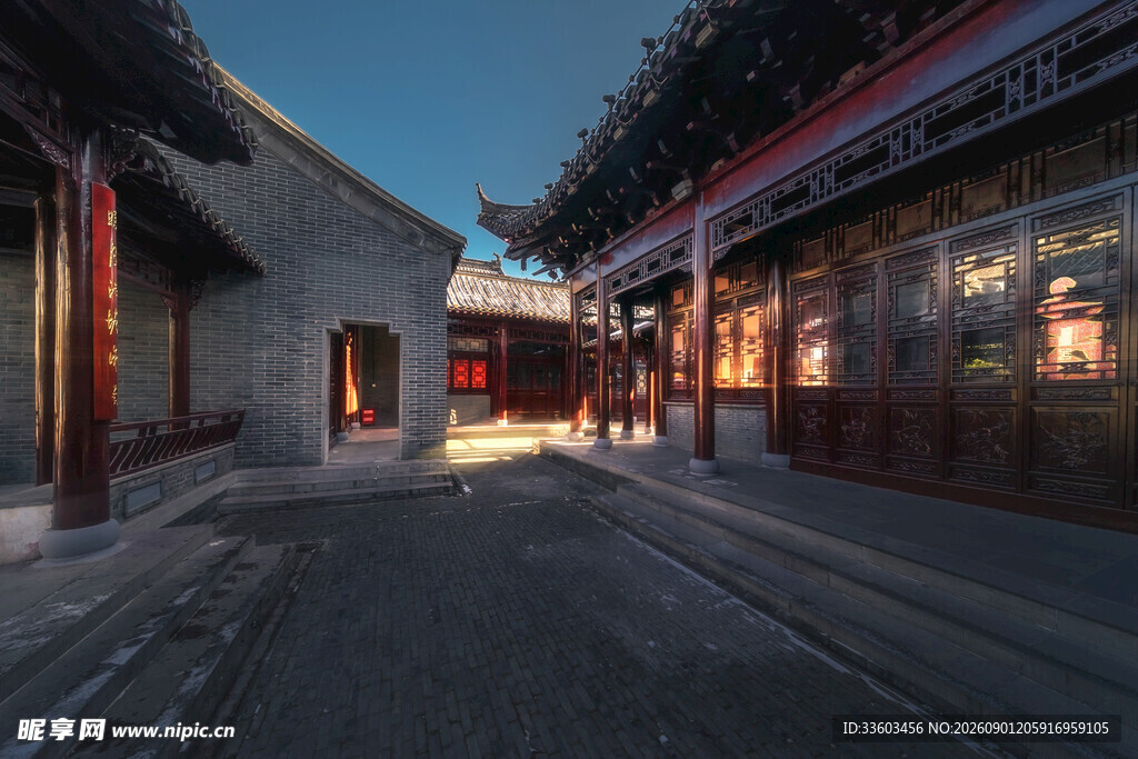古巷夜色静谧中式建筑风光