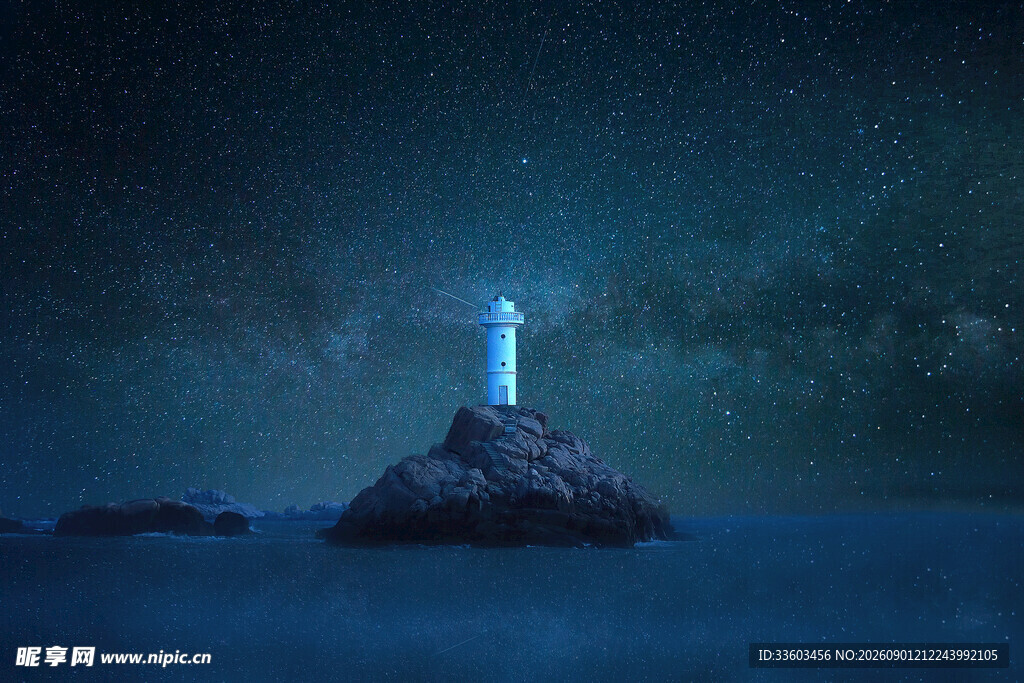夜海孤岛上的发光灯塔
