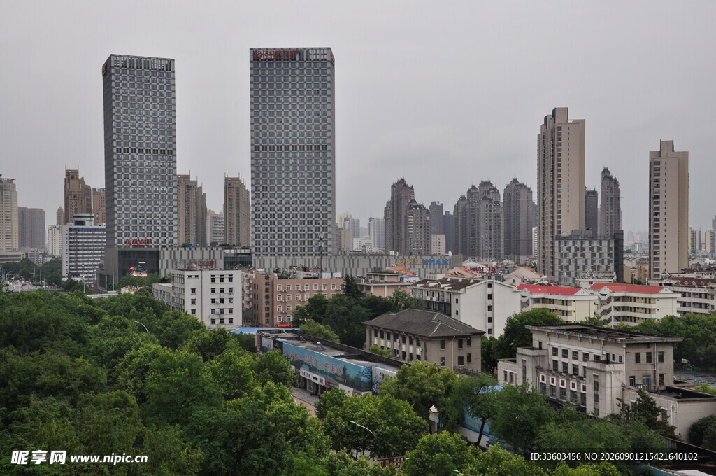 城市高楼与绿树景观