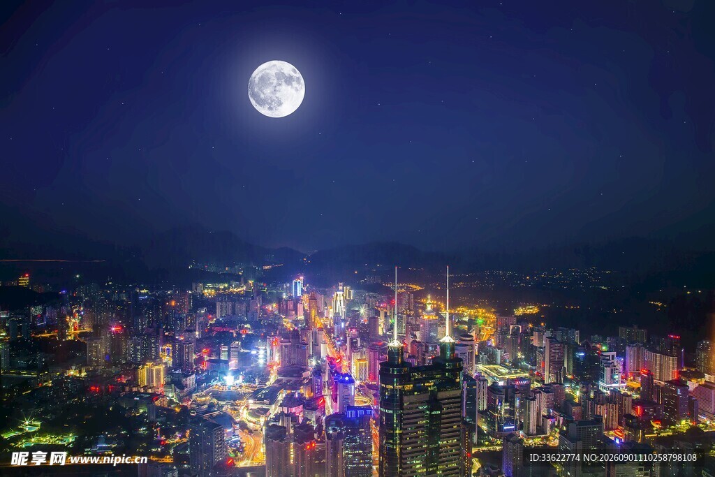 深圳中秋城市圆月背景