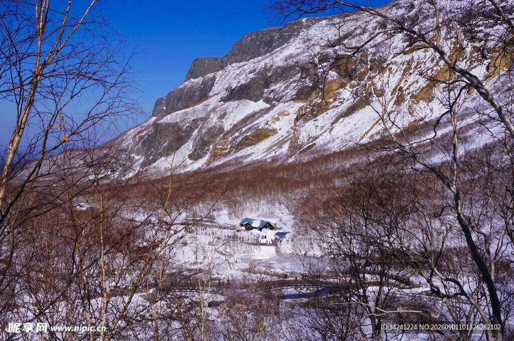 冬日雪山下的静谧景象