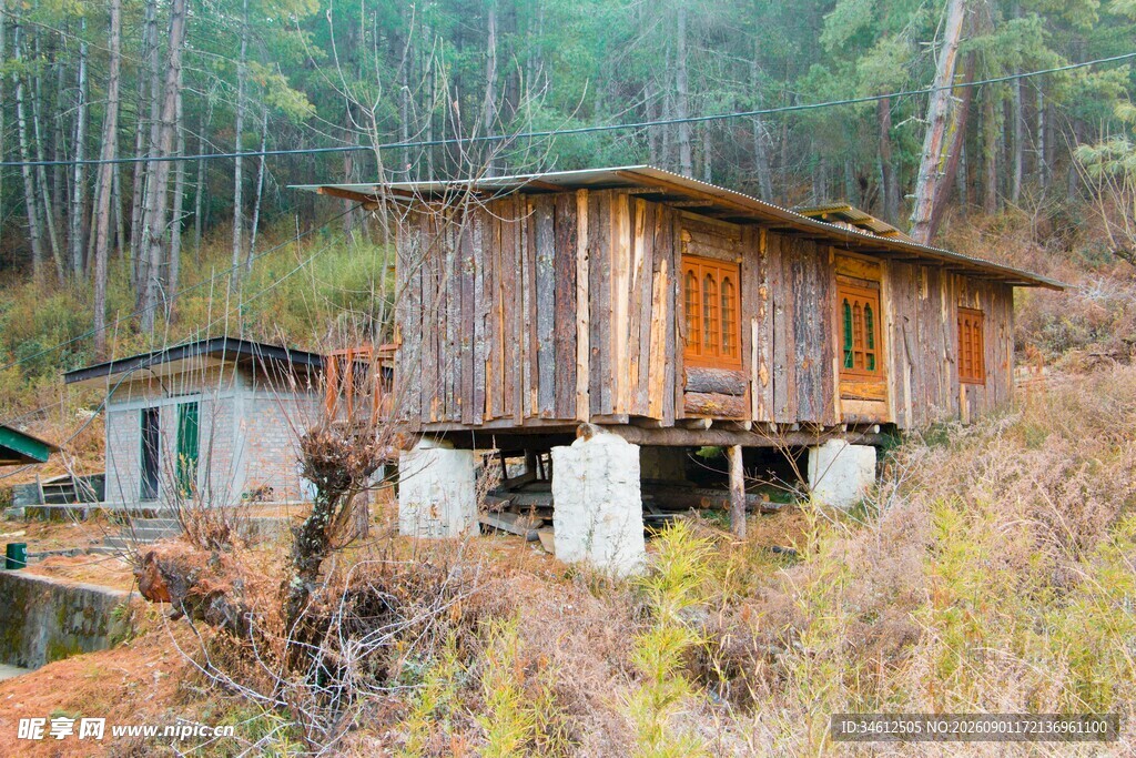 山林中的木质架空小屋