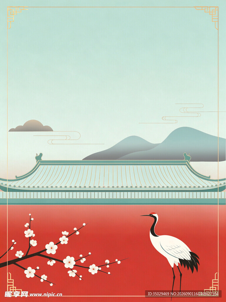 中式红底仙鹤山水风景图
