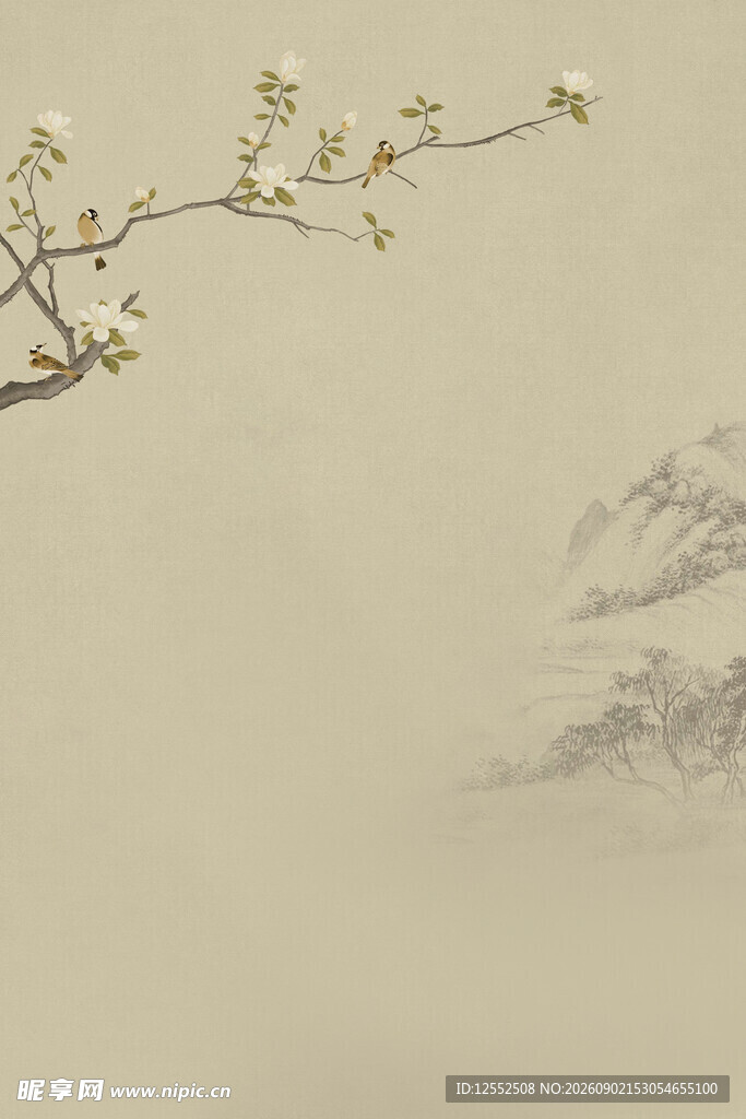 中式水墨风花枝远景图