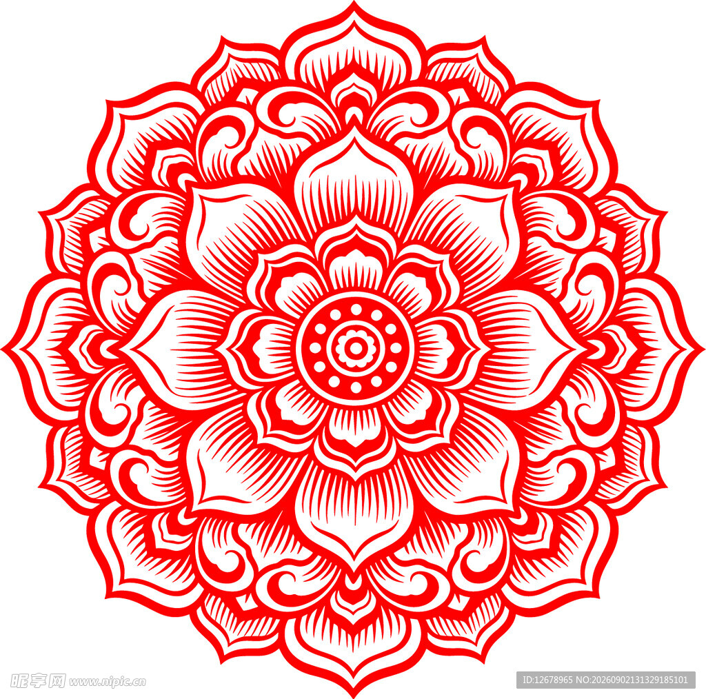 红色莲花传统剪纸图案
