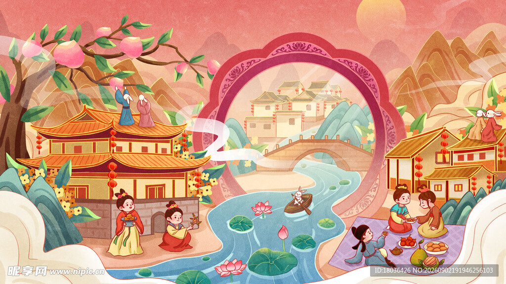 中秋传统国潮氛围场景横版插画