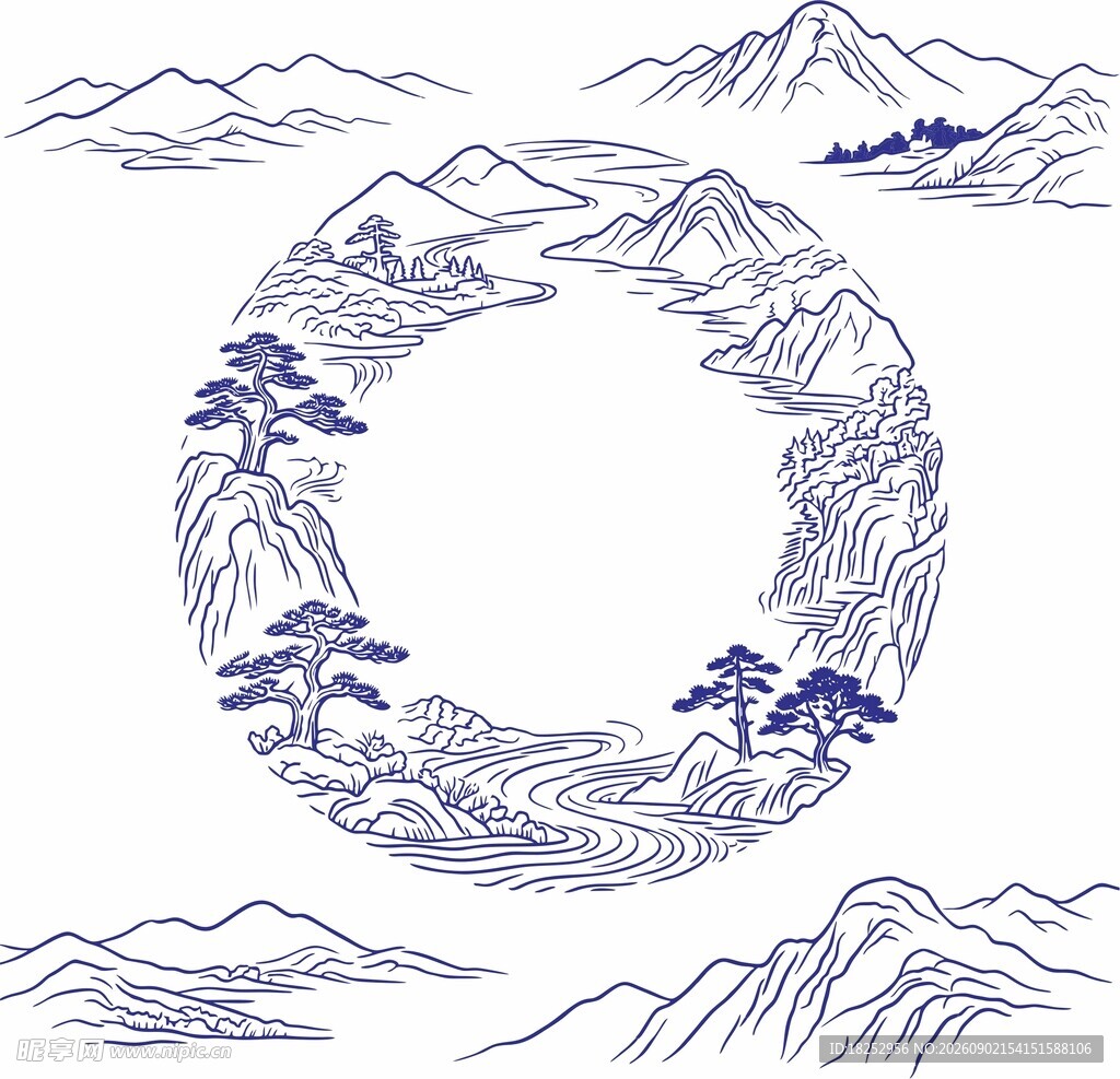 中式山水环形装饰图案
