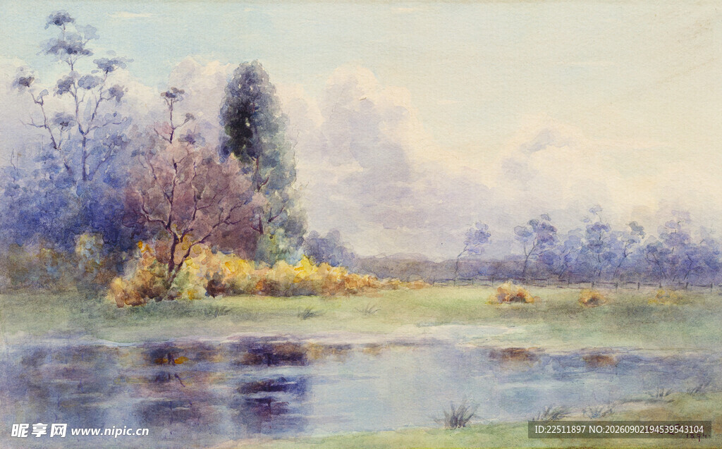 宁静湖畔风景油画