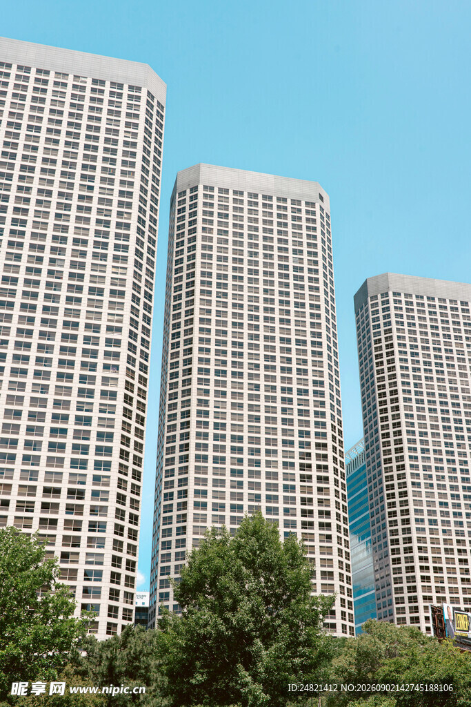 城市高楼与绿树景观
