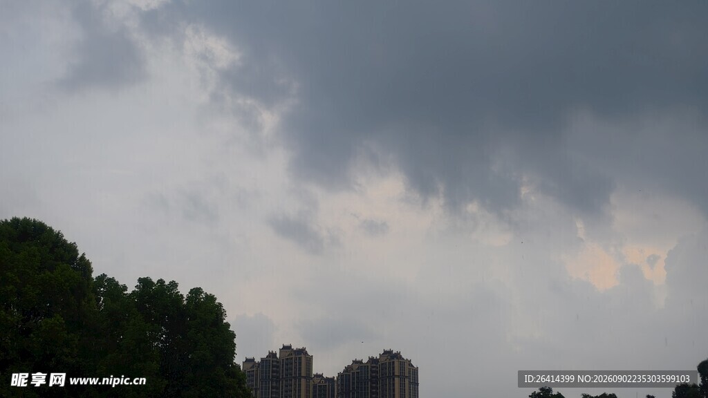 乌云笼罩下的城市与树木