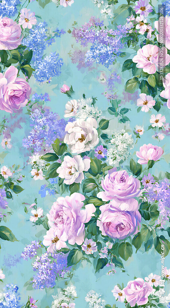 梦幻蓝底花卉图案