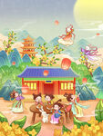 国风中秋赏月团圆插画