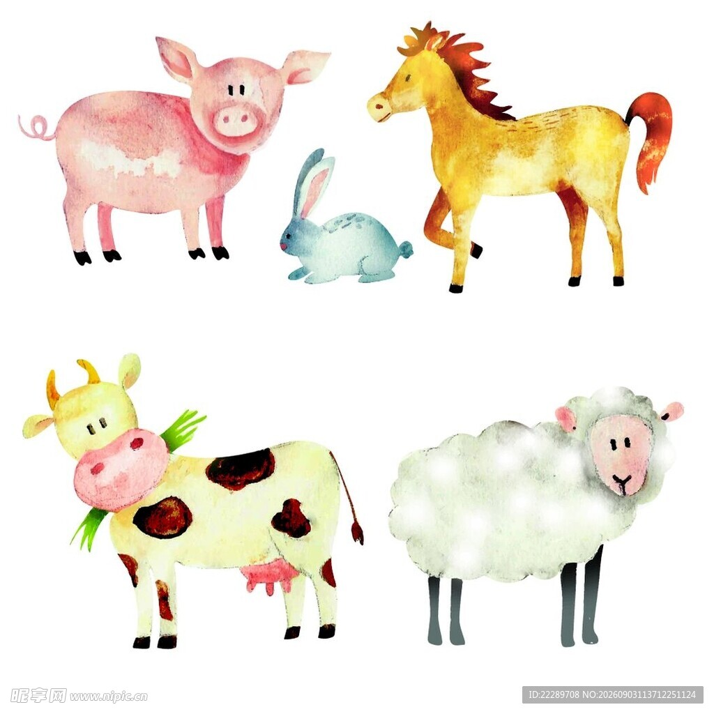 可爱农场动物水彩插画