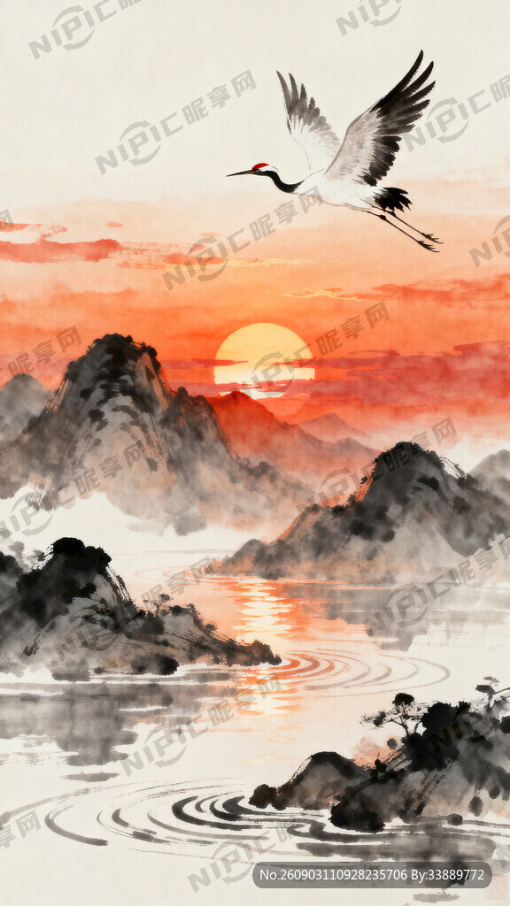 中式山水 日落西山 晚霞 夕阳