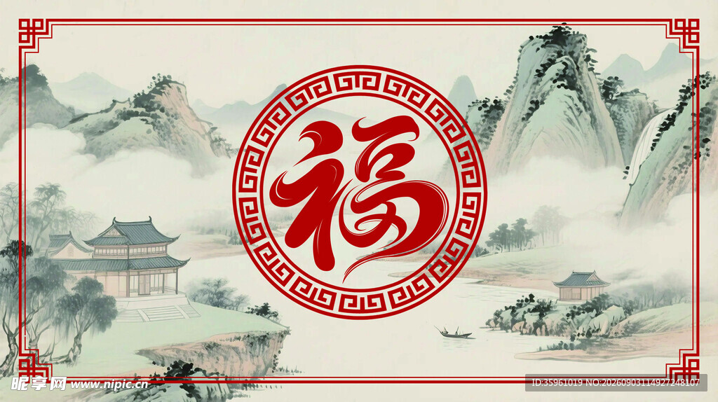 中式山水福字装饰照壁图案