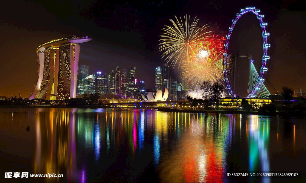 新加坡夜景烟花与摩天轮