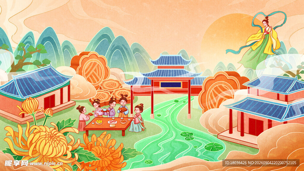 国风中秋赏月团圆晚会场景插画