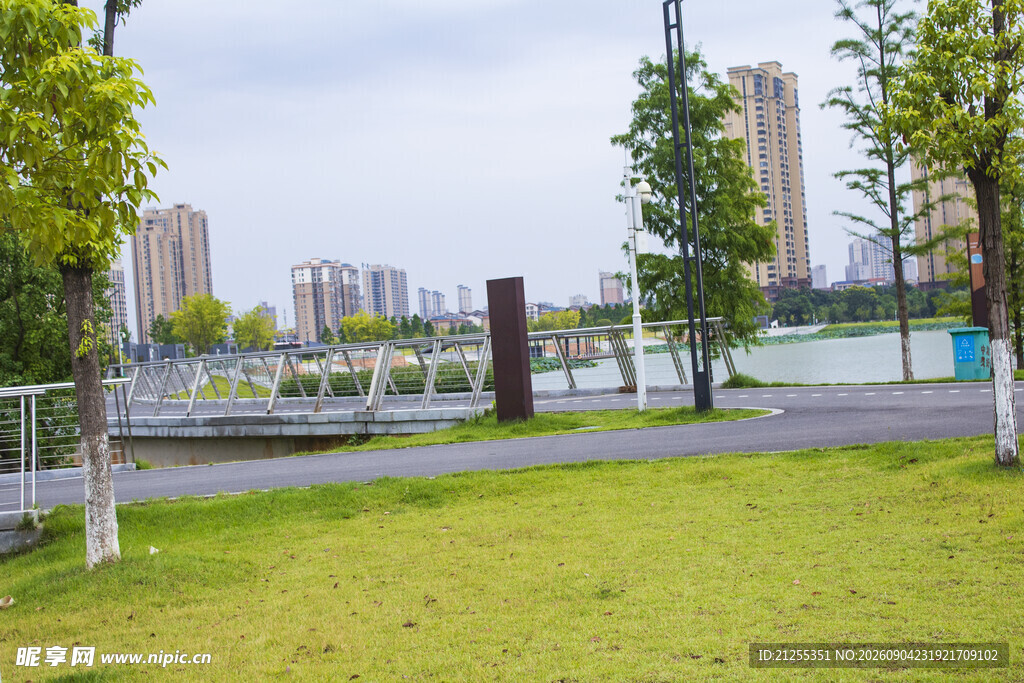 城市河畔公园绿意景致