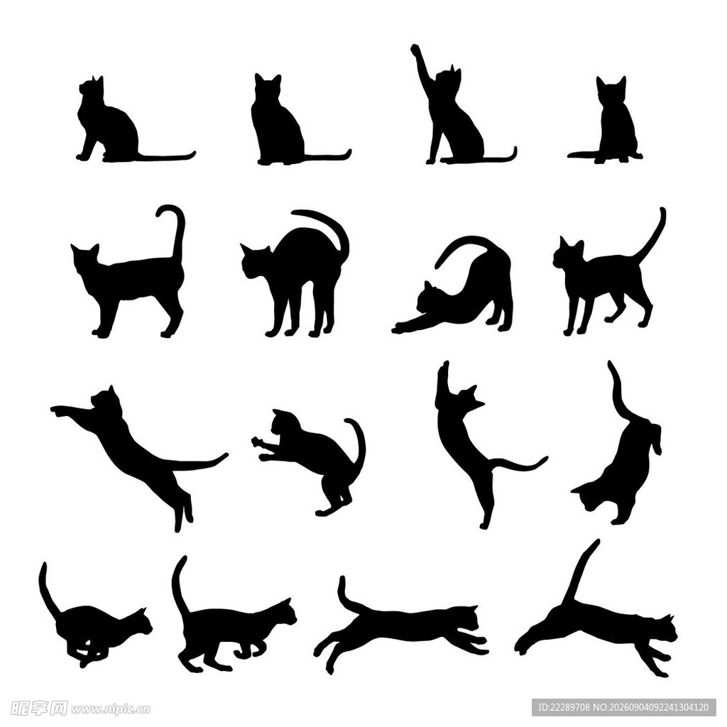 多样姿态猫咪剪影