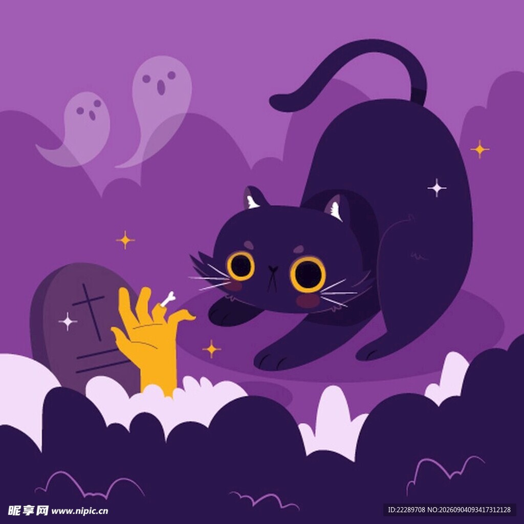 黑猫幽灵与墓地奇幻场景