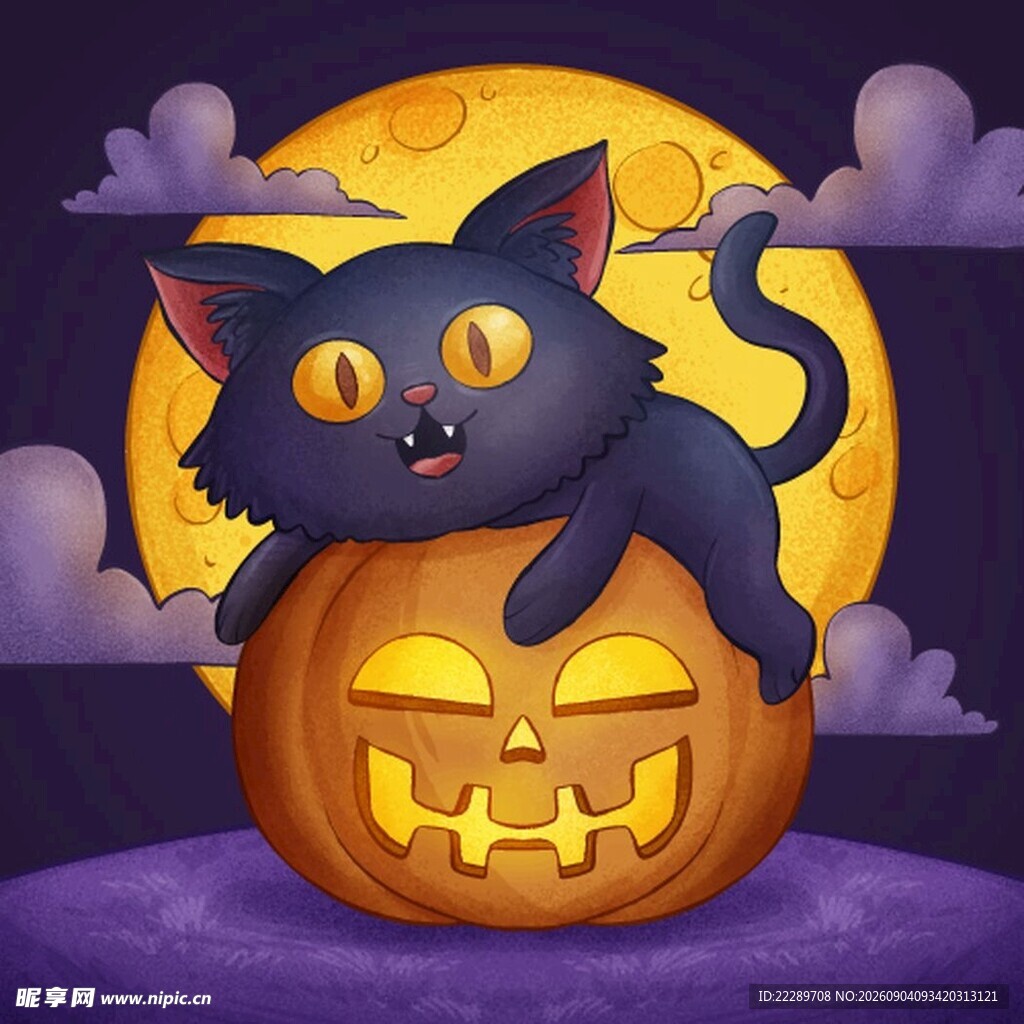 黑猫趴南瓜的万圣节场景